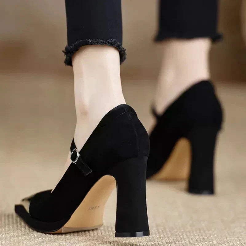 Serena - Mary Jane High Heel Pumps Cap Toe Block Heel Strap