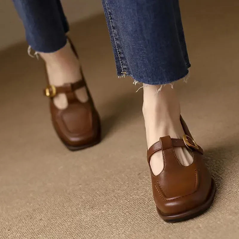 Wren - T-Strap Mary Jane Shoes Square Toe Low Block Heel