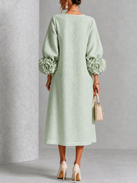 Elegant Sage Green Textured Midi Dress for Women with Round Neck Balloon Sleeve Floral Cuff Fall Wedding Guest Style - Susan & Anne