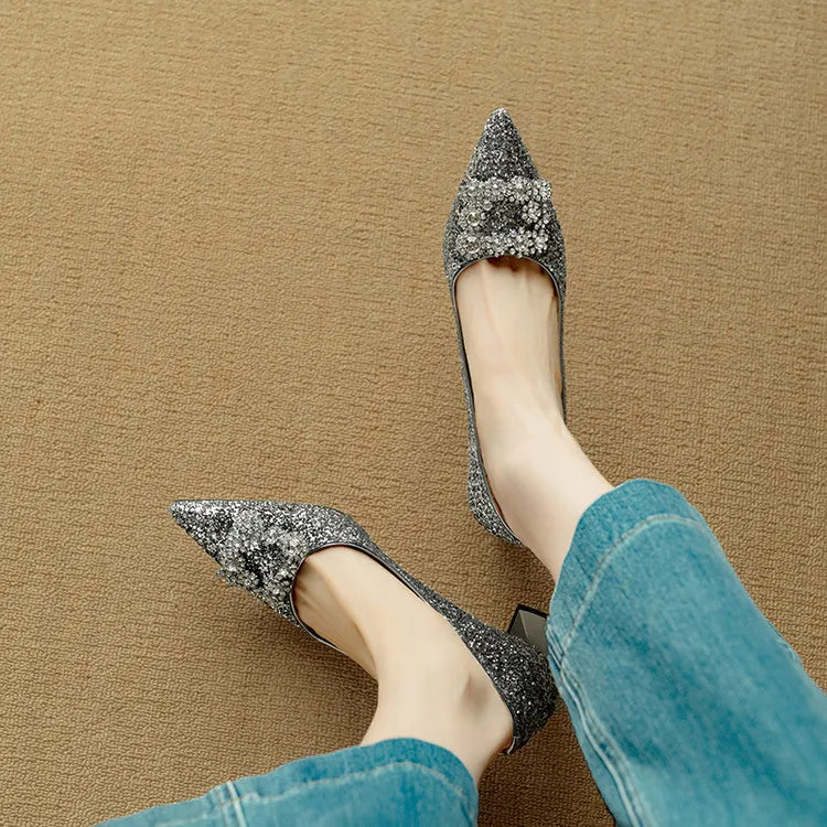Stella - Glitter Block Heel Pumps Pointed Toe Crystal Buckle