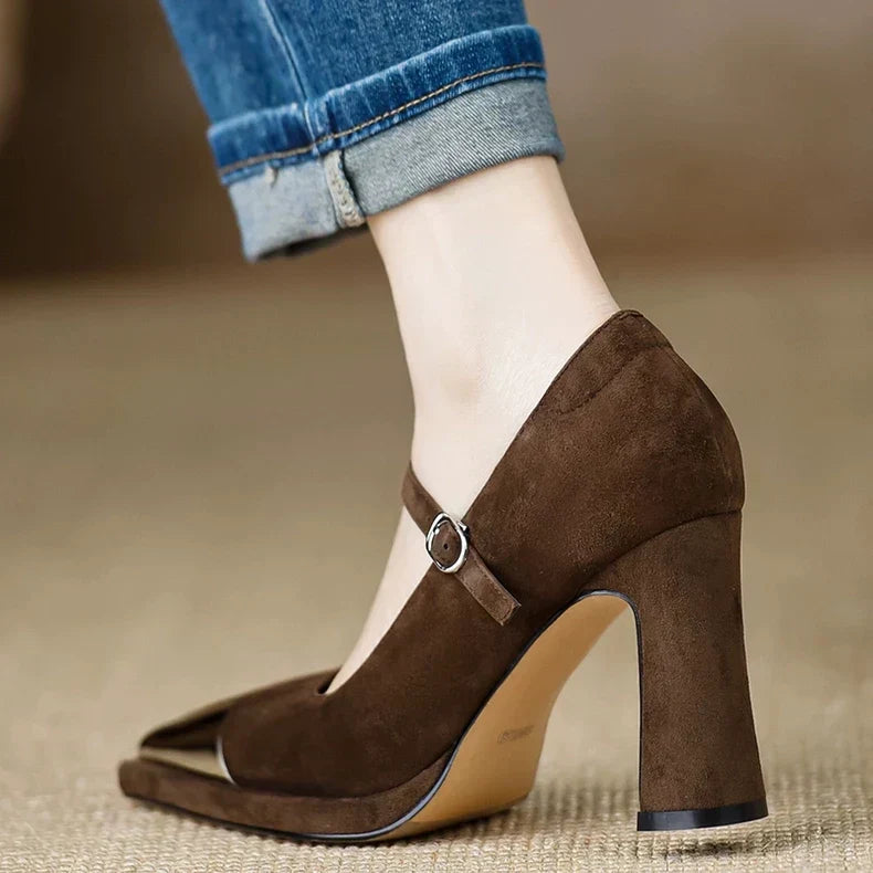 Serena - Mary Jane High Heel Pumps Cap Toe Block Heel Strap