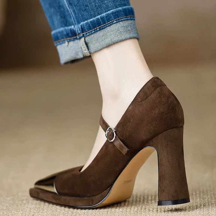 Serena - Mary Jane High Heel Pumps Cap Toe Block Heel Strap