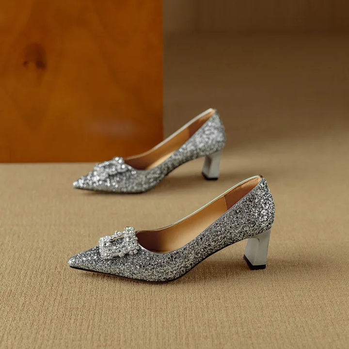 Stella - Glitter Block Heel Pumps Pointed Toe Crystal Buckle