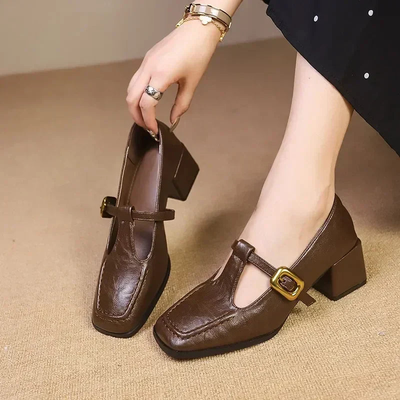 Odette - Square Toe Mary Jane Heels Block Heel Gold Buckle