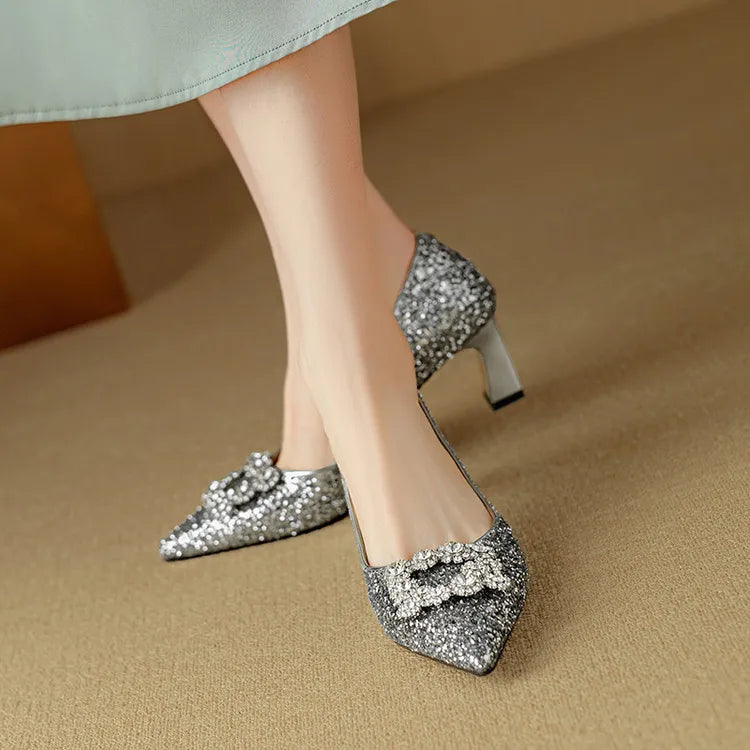 Stella - Glitter Block Heel Pumps Pointed Toe Crystal Buckle