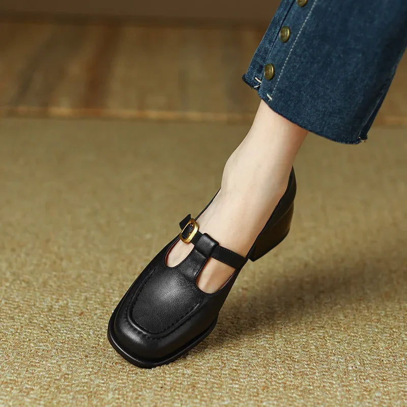 Wren - T-Strap Mary Jane Shoes Square Toe Low Block Heel