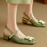 Floral Mary Jane Pumps Block Heel Jacquard Strap