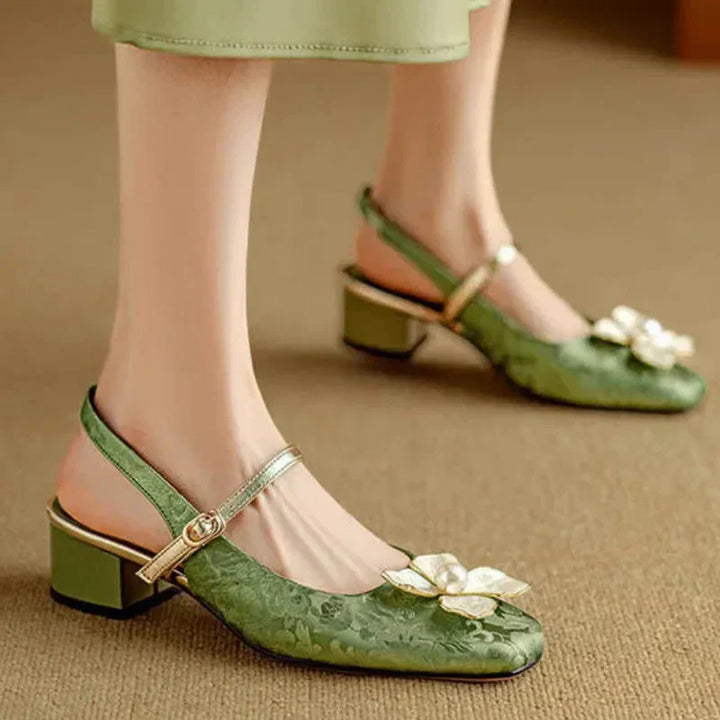 Isabeau - Floral Mary Jane Pumps Block Heel Jacquard Strap