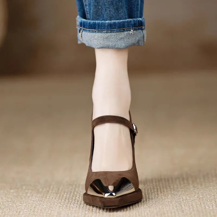 Serena - Mary Jane High Heel Pumps Cap Toe Block Heel Strap