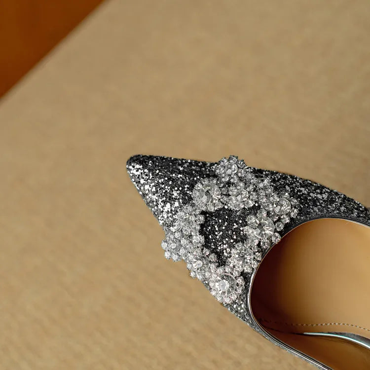 Stella - Glitter Block Heel Pumps Pointed Toe Crystal Buckle