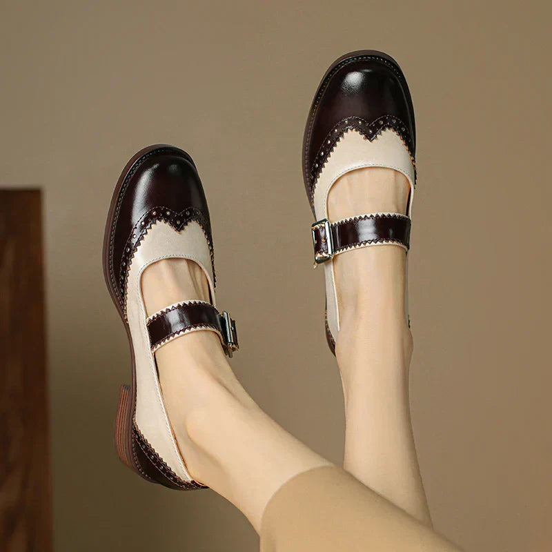 Harlow - Two-Tone Leather Mary Jane Shoes Brogue T-Strap