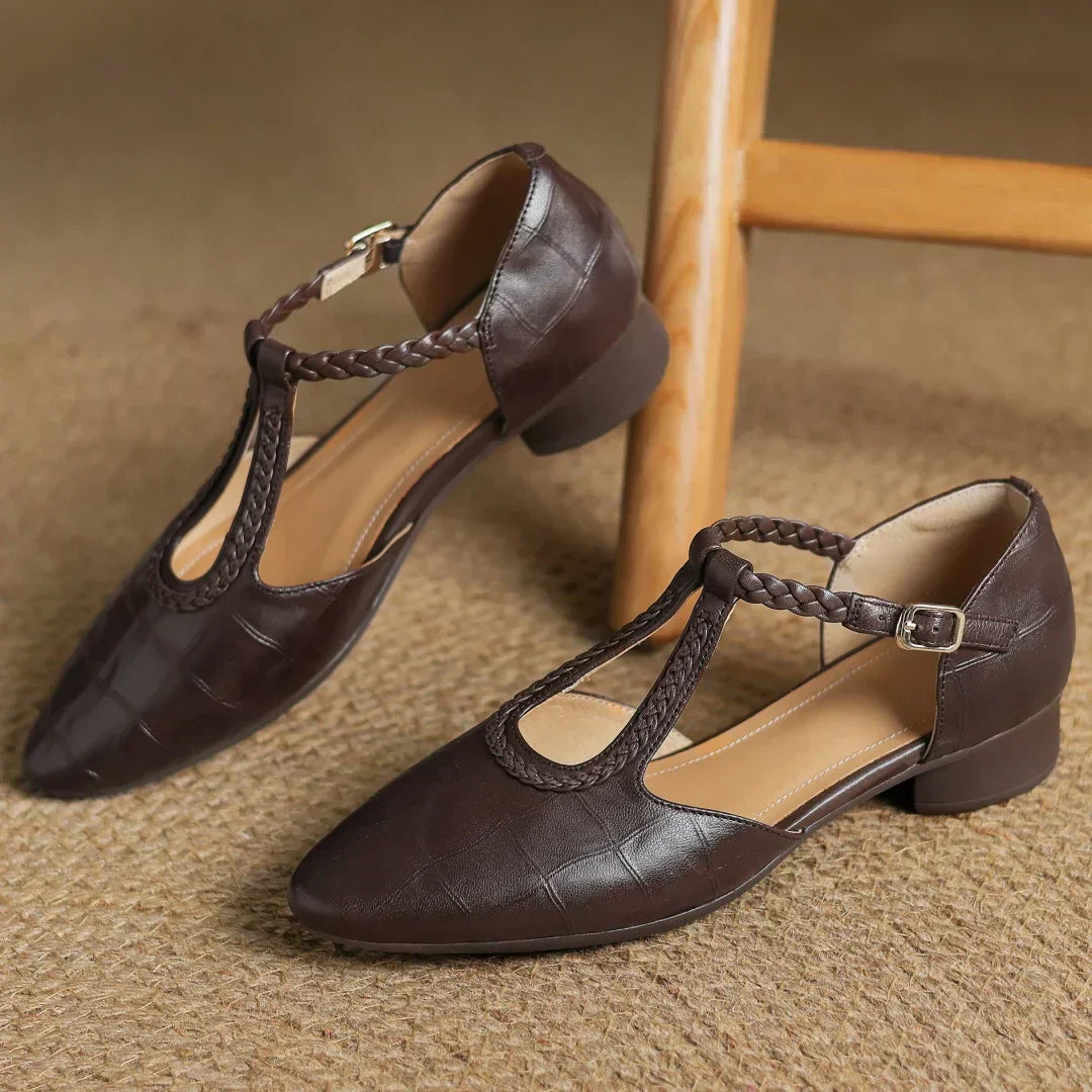 Margot - Leather T-Strap Mary Jane Flats Pointed Toe Flat