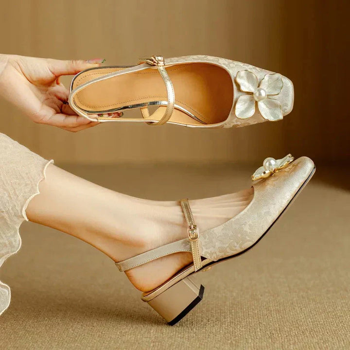 Florine - Floral Slingback Pumps Square Toe Block Heel Shoes