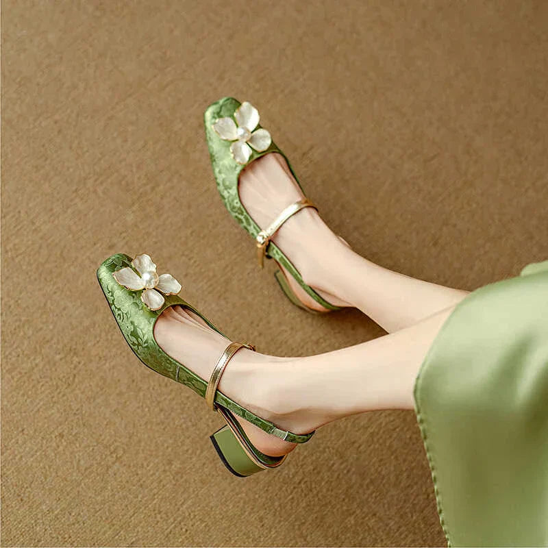 Floral Mary Jane Pumps Block Heel Jacquard Strap