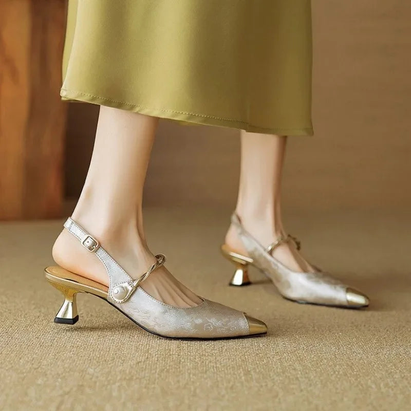 Fleur - Pearl Strap Slingback Kitten Heels Pointed Toe Pumps