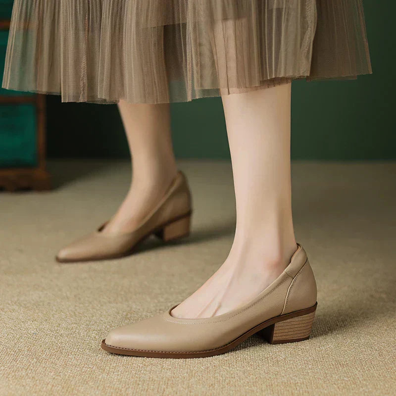 Cora - Pointed Toe Block Heel Pumps Slip On Mid Heel Shoes