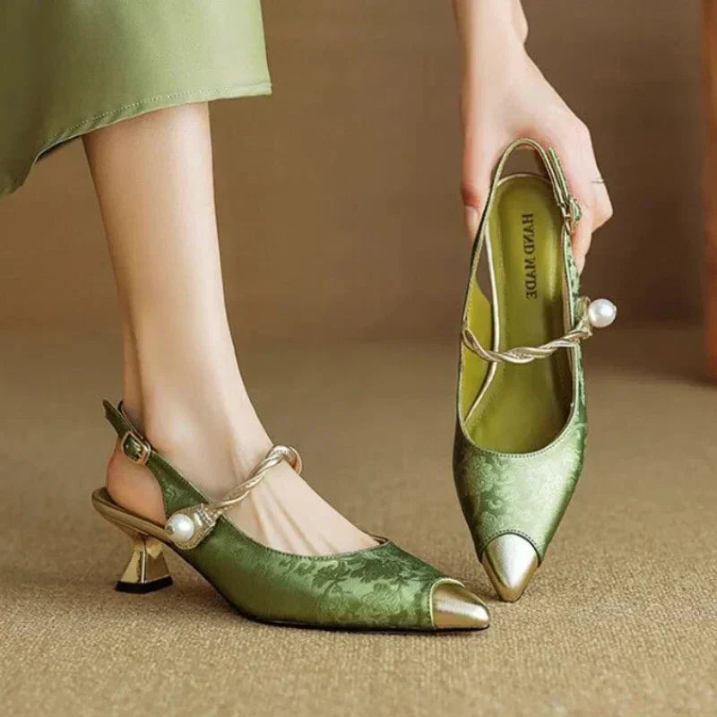 Fleur - Pearl Strap Slingback Kitten Heels Pointed Toe Pumps