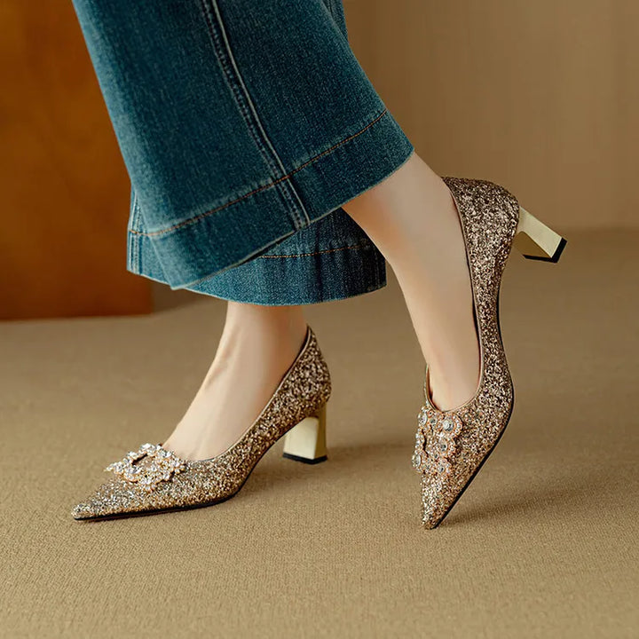 Stella - Glitter Block Heel Pumps Pointed Toe Crystal Buckle