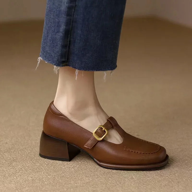 Wren - T-Strap Mary Jane Shoes Square Toe Low Block Heel