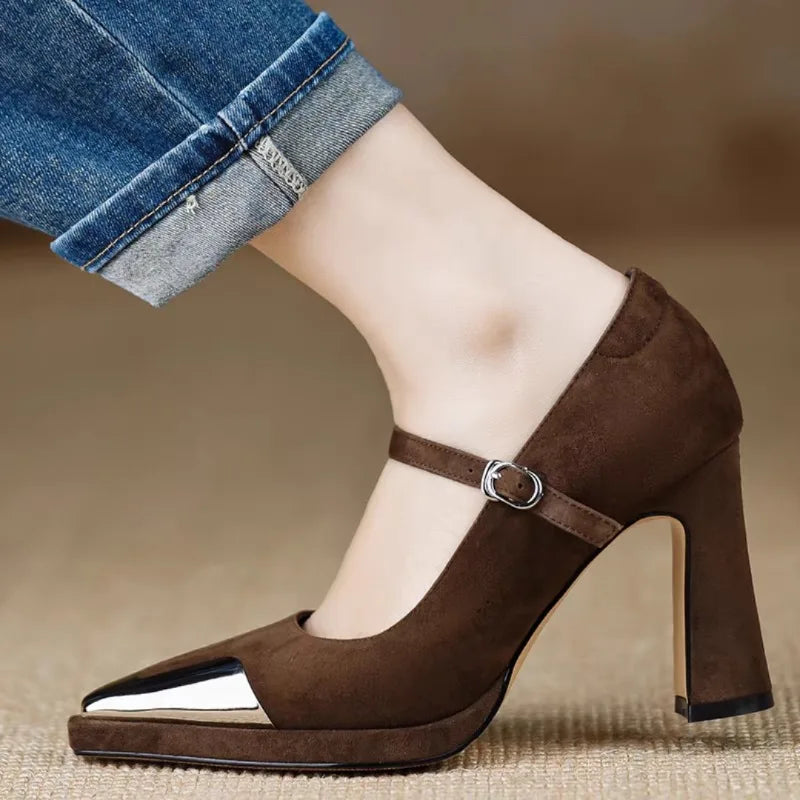 Serena - Mary Jane High Heel Pumps Cap Toe Block Heel Strap