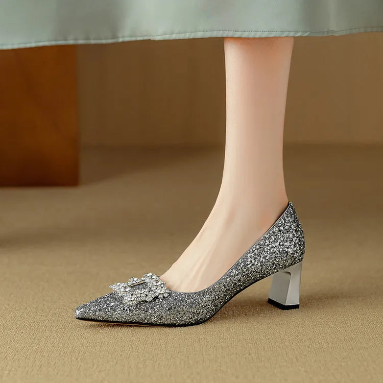 Stella - Glitter Block Heel Pumps Pointed Toe Crystal Buckle