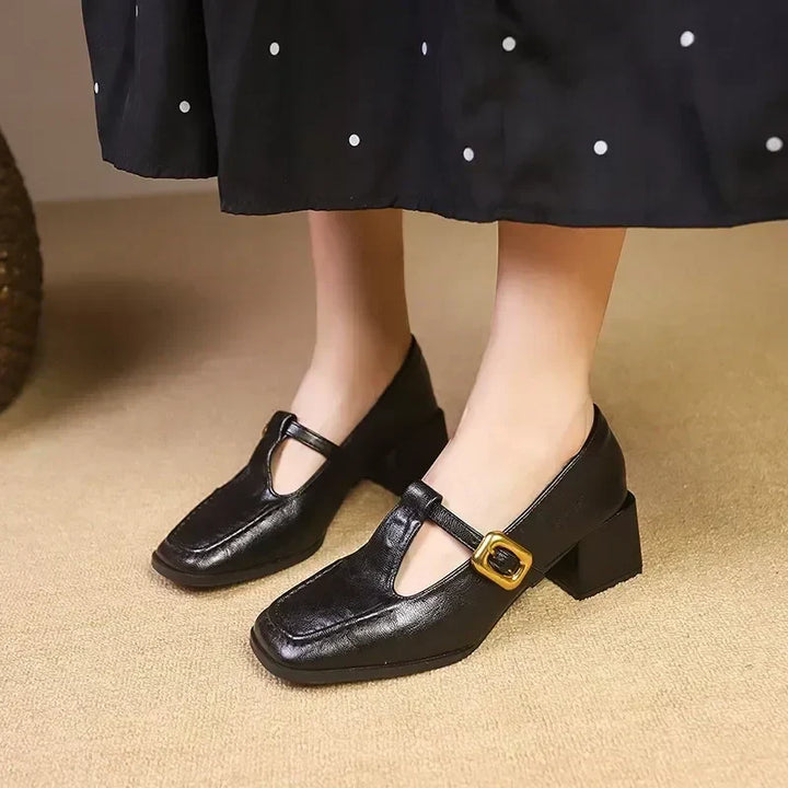 Odette - Square Toe Mary Jane Heels Block Heel Gold Buckle
