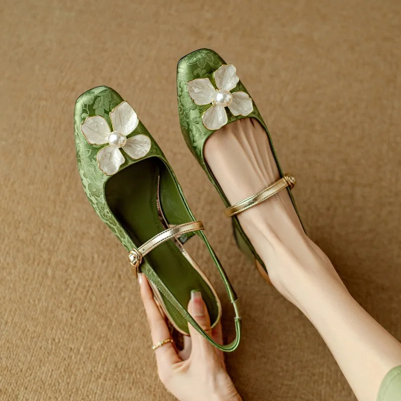Isabeau - Floral Mary Jane Pumps Block Heel Jacquard Strap
