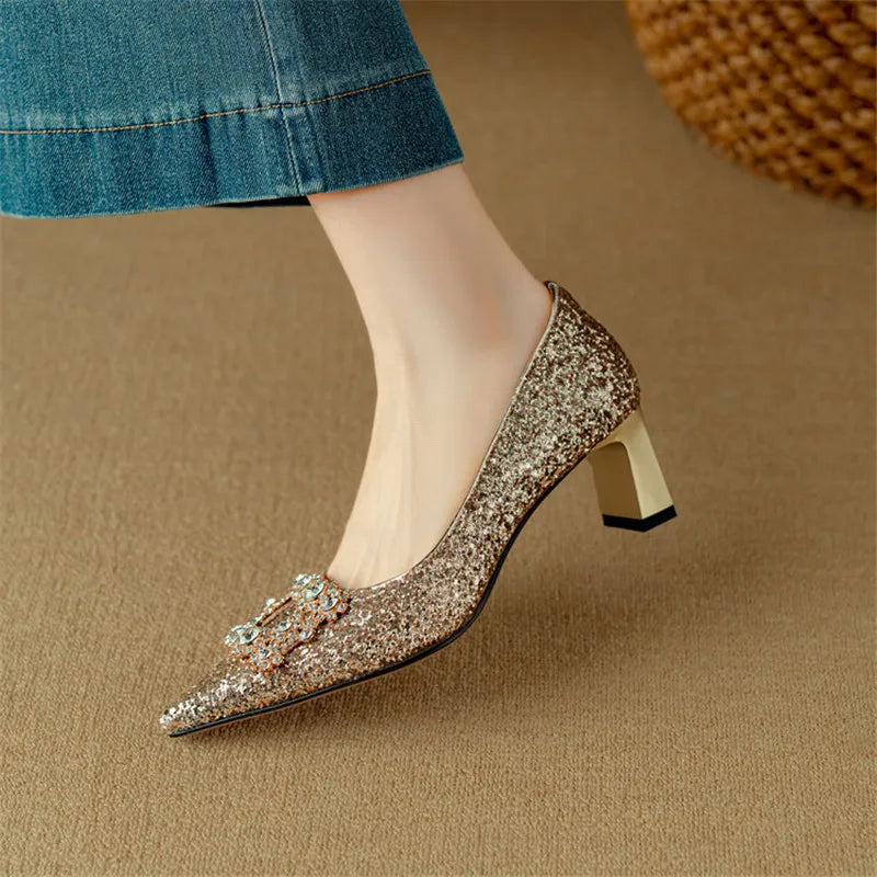 Stella - Glitter Block Heel Pumps Pointed Toe Crystal Buckle