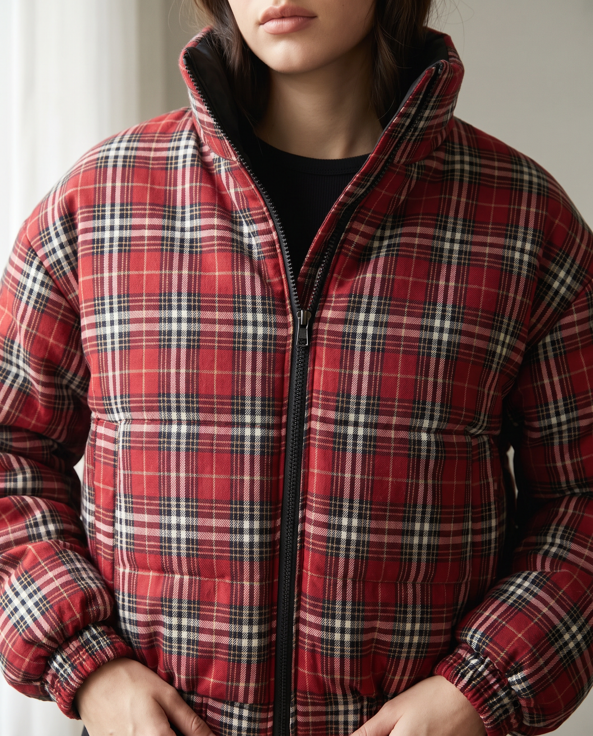 Vintage Double-Sided Puffer Jacket, close-up of the quilting, plaid fabric and zipper