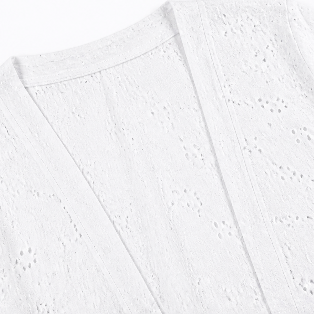 Lightweight Eyelet Open-Front Cardigan for Women, 3/4 Sleeve Ruffle Hem Summer Layer - Susan & Anne