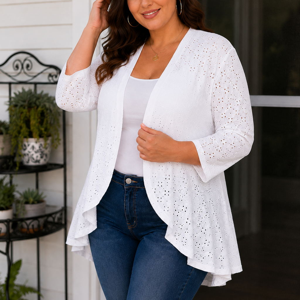 Lightweight Eyelet Open-Front Cardigan for Women, 3/4 Sleeve Ruffle Hem Summer Layer - Susan & Anne