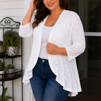 Lightweight Eyelet Open-Front Cardigan for Women, 3/4 Sleeve Ruffle Hem Summer Layer - Susan & Anne