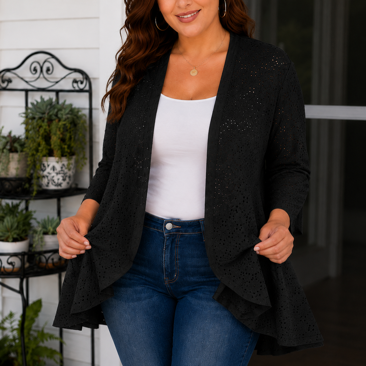 Lightweight Eyelet Open-Front Cardigan for Women, 3/4 Sleeve Ruffle Hem Summer Layer - Susan & Anne