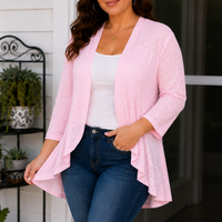 Lightweight Eyelet Open-Front Cardigan for Women, 3/4 Sleeve Ruffle Hem Summer Layer - Susan & Anne