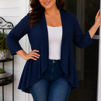 Lightweight Eyelet Open-Front Cardigan for Women, 3/4 Sleeve Ruffle Hem Summer Layer - Susan & Anne