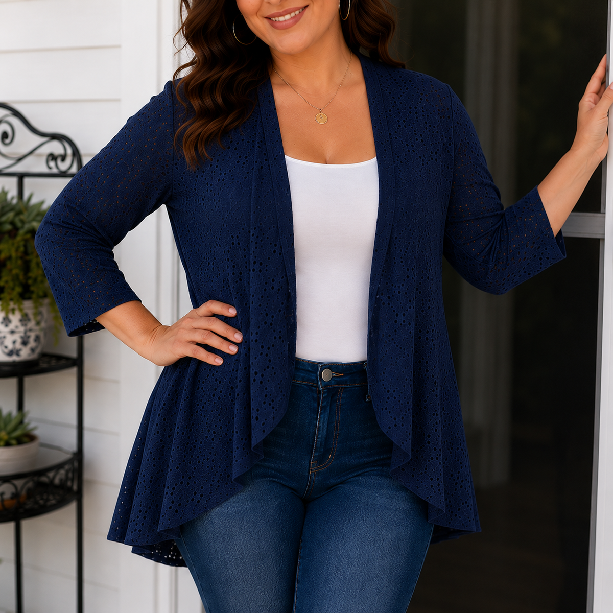Lightweight Eyelet Open-Front Cardigan for Women, 3/4 Sleeve Ruffle Hem Summer Layer - Susan & Anne