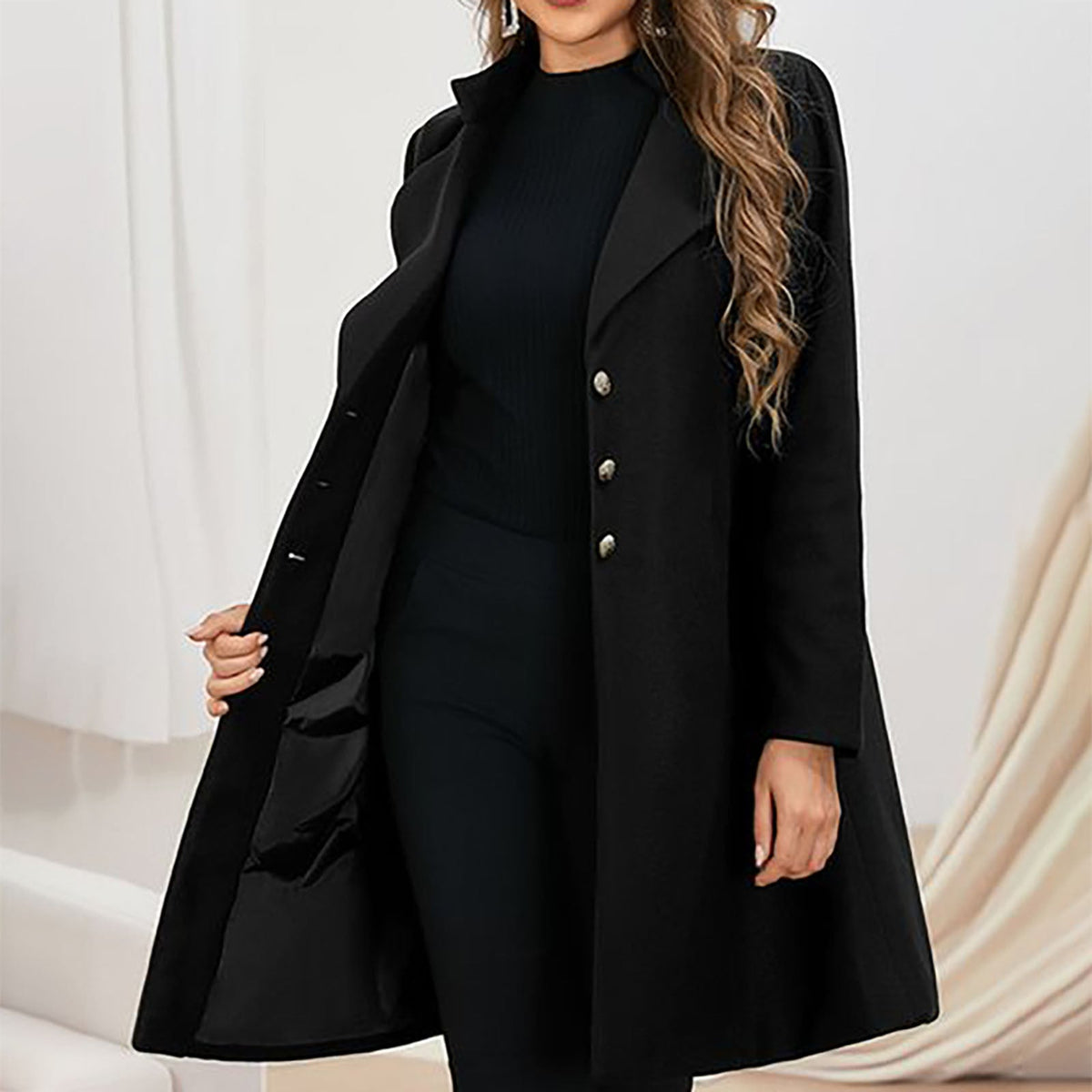 Elegant Wool Coat for Women with Notched Lapel Long Sleeve Button Front Tailored Style - Susan & Anne