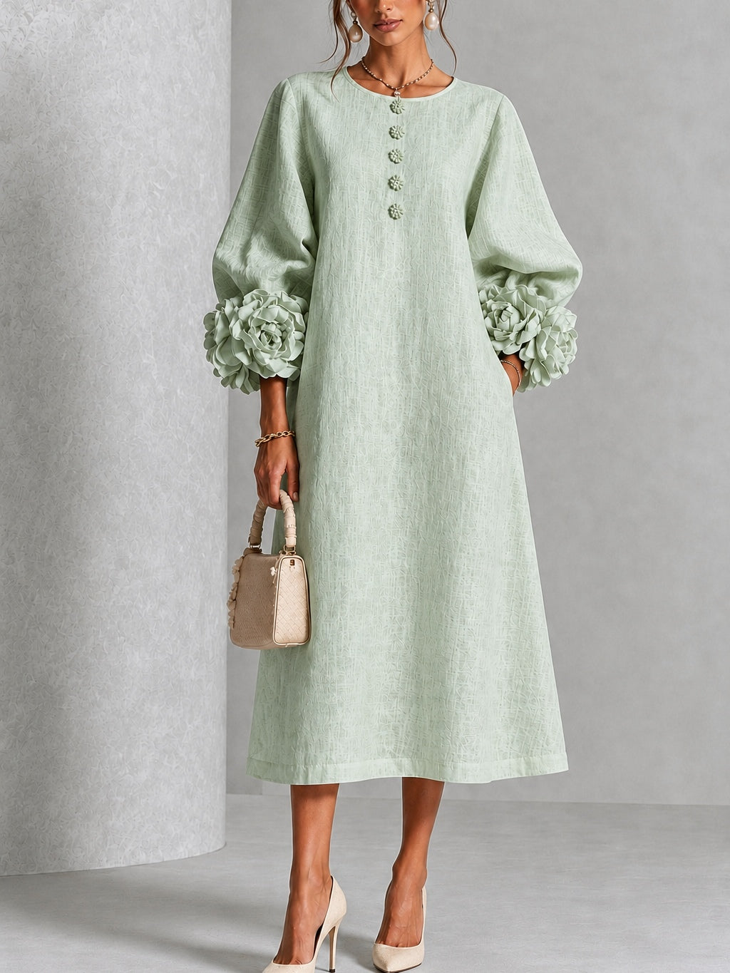 Elegant Sage Green Textured Midi Dress for Women with Round Neck Balloon Sleeve Floral Cuff Fall Wedding Guest Style - Susan & Anne