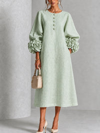 Elegant Sage Green Textured Midi Dress for Women with Round Neck Balloon Sleeve Floral Cuff Fall Wedding Guest Style - Susan & Anne