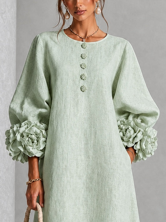 Elegant Sage Green Textured Midi Dress for Women with Round Neck Balloon Sleeve Floral Cuff Fall Wedding Guest Style - Susan & Anne