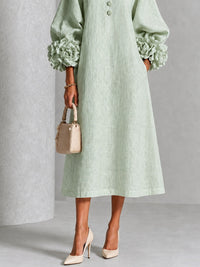 Elegant Sage Green Textured Midi Dress for Women with Round Neck Balloon Sleeve Floral Cuff Fall Wedding Guest Style - Susan & Anne