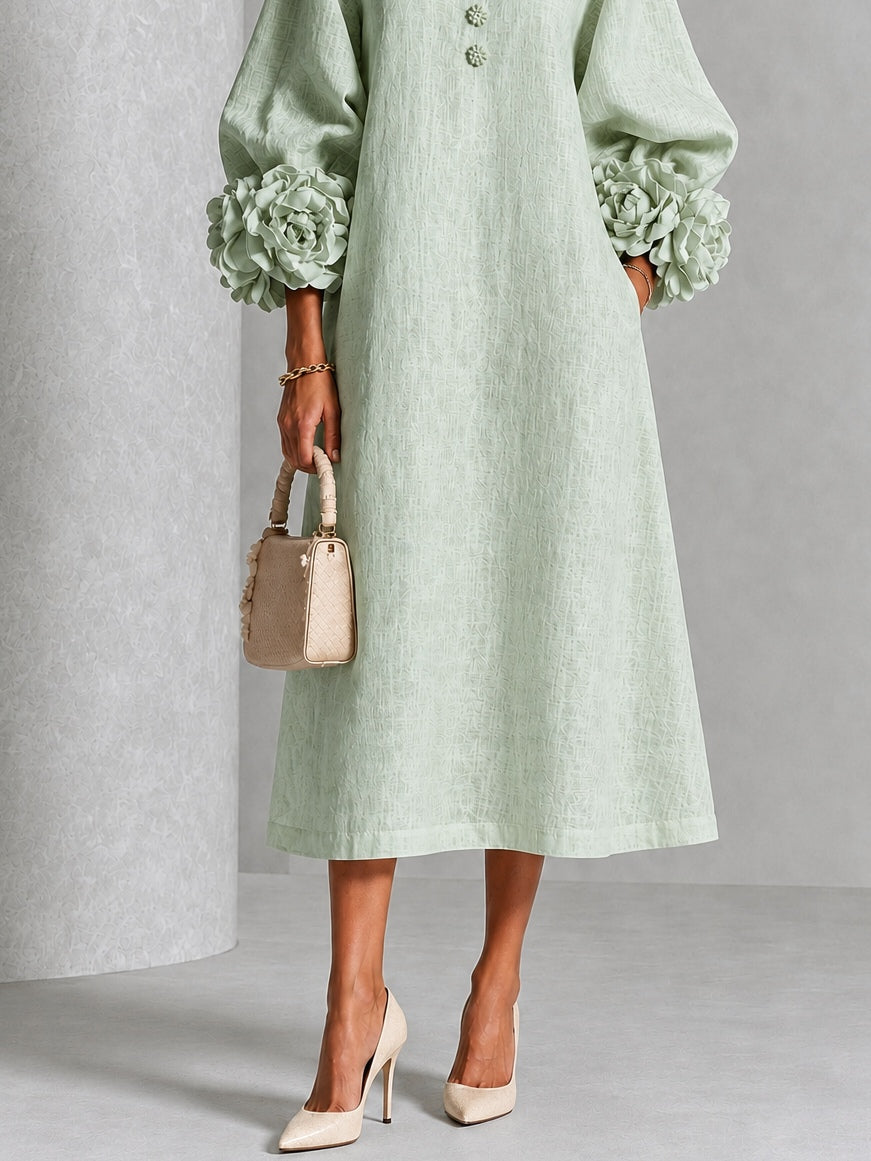 Elegant Sage Green Textured Midi Dress for Women with Round Neck Balloon Sleeve Floral Cuff Fall Wedding Guest Style - Susan & Anne