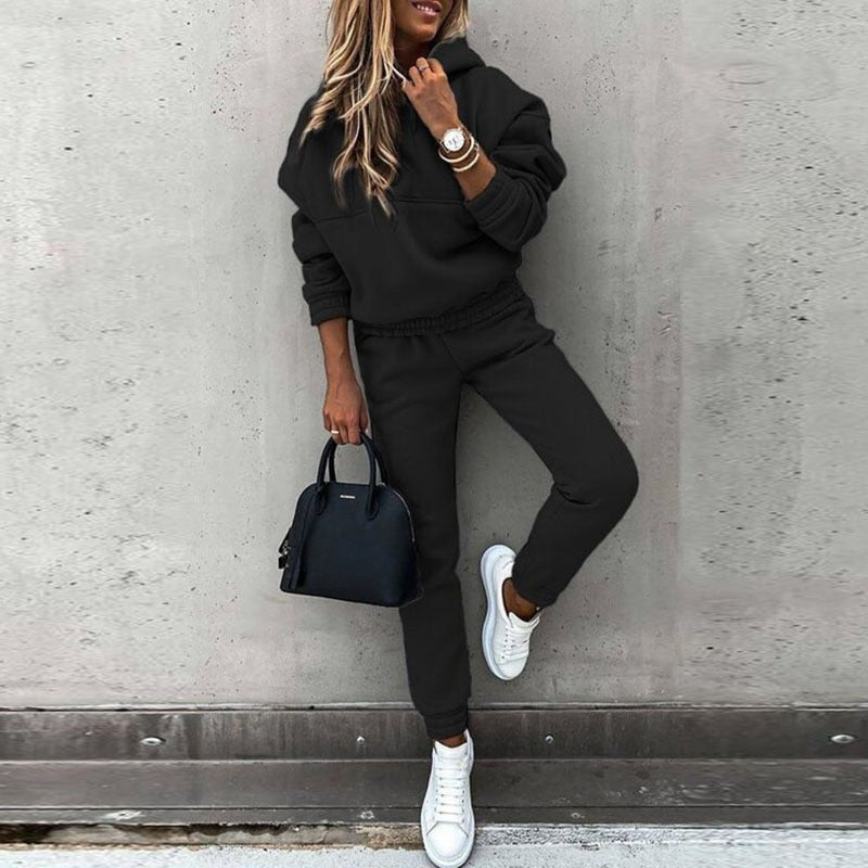 Effortless Fleece Hoodie Two Piece Set for Women with Drawstring Hood Kangaroo Pocket Relaxed Jogger Casual Style - Susan & Anne