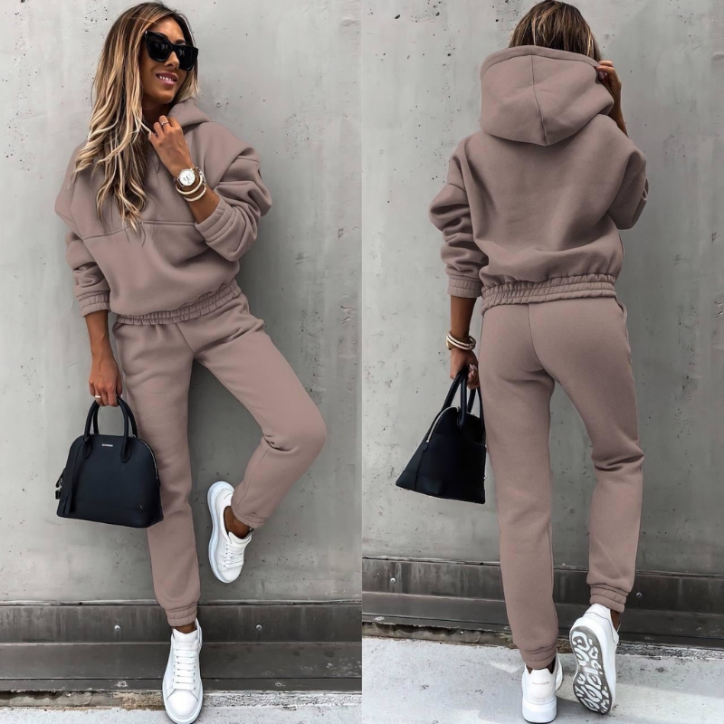 Effortless Fleece Hoodie Two Piece Set for Women with Drawstring Hood Kangaroo Pocket Relaxed Jogger Casual Style - Susan & Anne