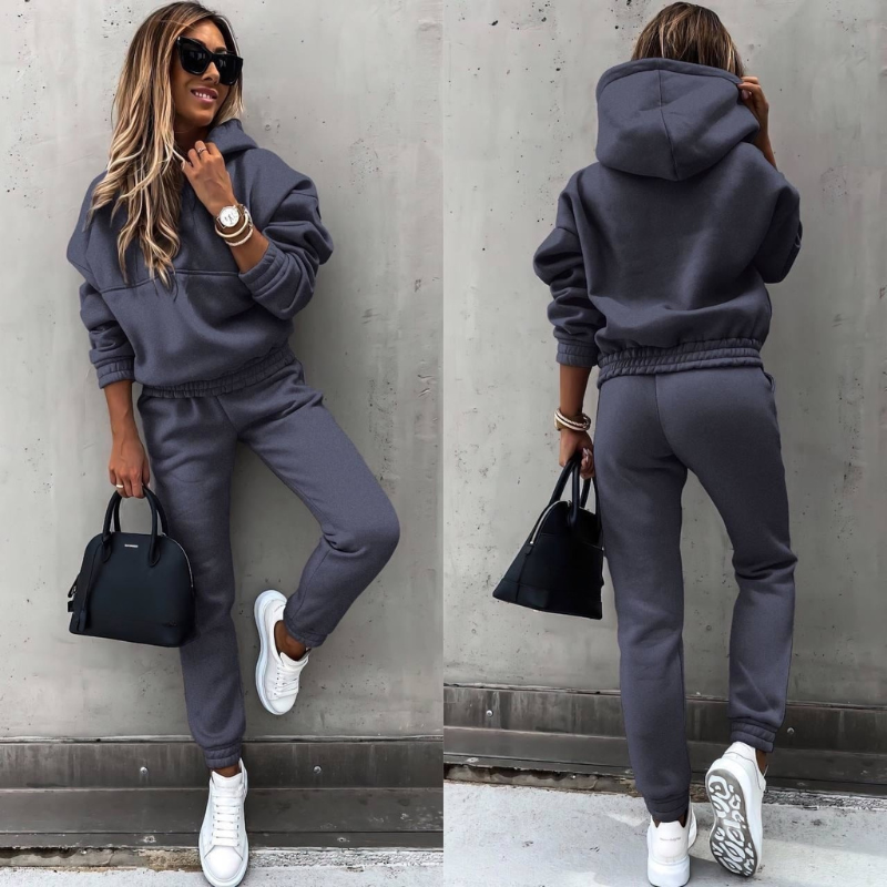 Effortless Fleece Hoodie Two Piece Set for Women with Drawstring Hood Kangaroo Pocket Relaxed Jogger Casual Style - Susan & Anne