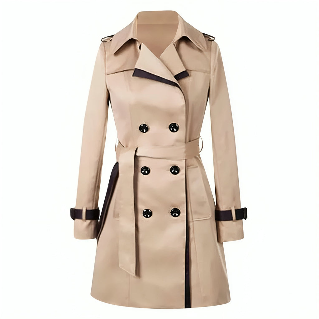 Elegant Trench Coat for Women with Notched Lapel Long Sleeve Belted Double Breasted Style - Susan & Anne