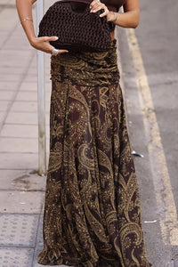 Front view of the boho brown paisley print maxi skirt
