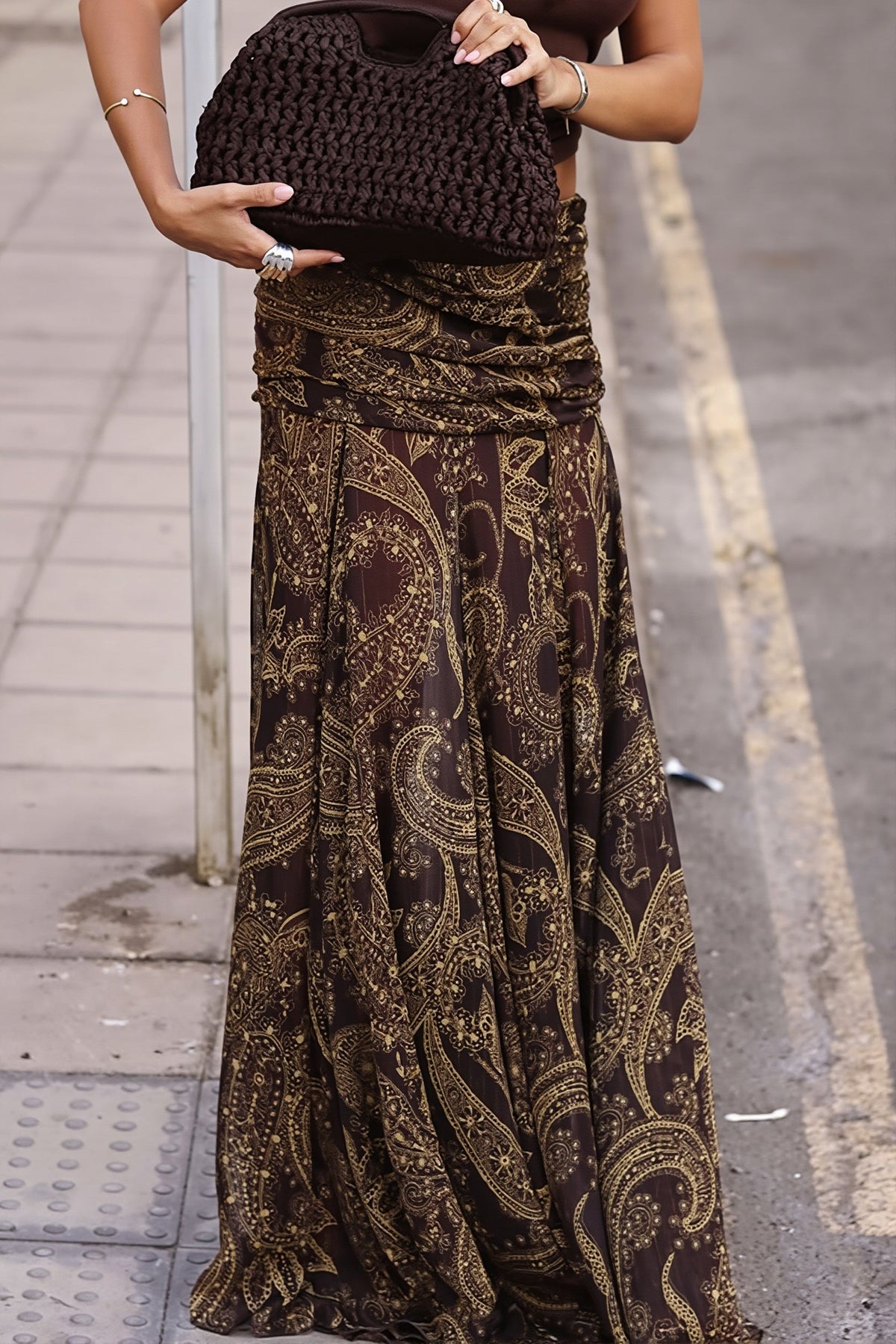 Front view of the boho brown paisley print maxi skirt