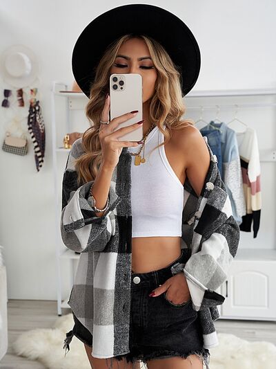 Kath | Plaid Button Up Dropped Shoulder Jacket
