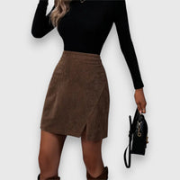 Stylish Brown Mini Skirt for Women with High Waist Corduroy Textured Front Split Fitted Casual Style - Susan & Anne